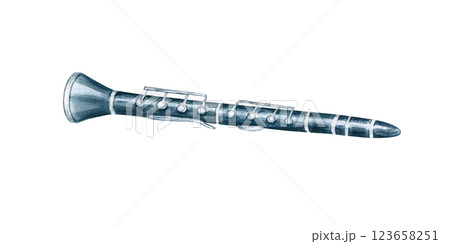 Blue metal clarinet woodwind instrument watercolor illustration isolated background. Hand drawn classical flute. Musical equipment for shop der, web design, symphony orchestra poster 123658251