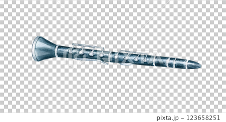 Blue metal clarinet woodwind instrument watercolor illustration isolated background. Hand drawn classical flute. Musical equipment for shop der, web design, symphony orchestra poster 123658251