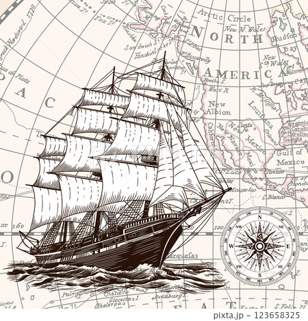 Sailing ship at sea. 123658325