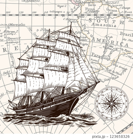 Sailing ship at sea. 123658326