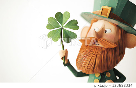 Cheerful leprechaun character celebrating St. Patrick's Day with shamrocks in festive design 123658334