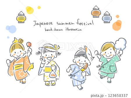 夏を楽しむこども達　手描き風のかわいい線画イラスト 123658337