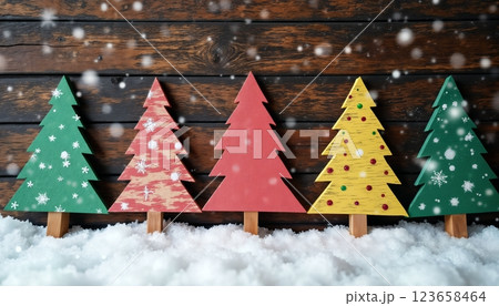 colorful Christmas tree toys as decoration on a wooden background for new year celebration, winter fairy tale 123658464
