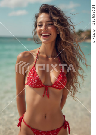 portrait of young beautiful girl wearing bikini swimsuit and posing on resort beach with view of sea and bright sky portrait of young beautiful girl wearing bikini swimsuit and posing on resort beach with view of sea and bright sky 123658531