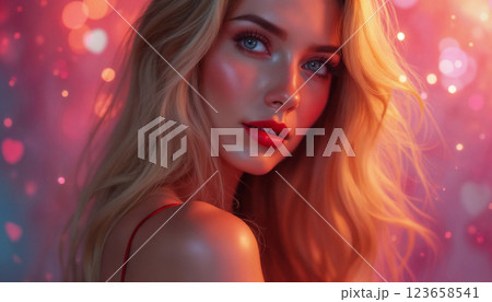 portrait of a girl with beautiful face and makeup, on abstract red color bokeh background, romantic mood 123658541