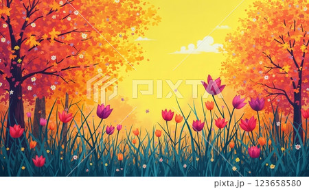 abstract bright background with saturated colors as illustration of spring landscape of forest and flower meadow, spotted and splashed with colors, very intense and dynamic, pop art style illustration 123658580
