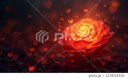 a red rose flower burning with fire on a dark background with flames and hearts, an abstract dark backdrop for the Valentine's Day celebration a red rose flower burning with fire on a dark background with flames and hearts, an abstract dark backdrop for the Valentine's Day celebration 123658591