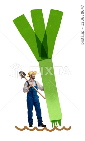 Young farmer in blue overalls holding shovel beside massive green leek sprouting from soil. Surreal farming collage. Young farmer in blue overalls holding shovel beside massive green leek sprouting from soil. Surreal farming collage. 123658647