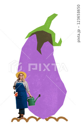 Woman in straw hat holding watering can beside oversized purple eggplant with green stem. Vibrant gardening collage. 123658650