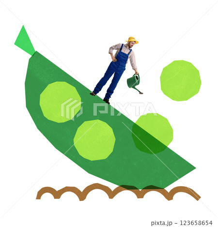 Man in overalls watering gigantic green pea pod, with peas against white background. Artistic gardening collage 123658654