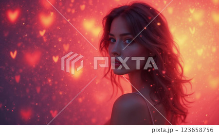 portrait of a girl with beautiful face and makeup, on abstract red color background with hearts bokeh, romantic mood of valentine's day celebration 123658756