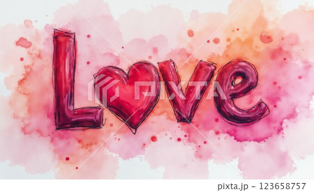 the inscription Love made with paints multicolored and bright on an abstract background, illustration for Valentine's Day 123658757