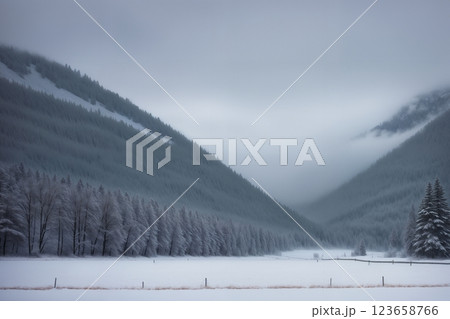 wild winter nature, snow-capped mountains and forest, dramatic cloudy sky, harsh northern landscape 123658766