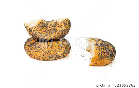 Broken Poppy Seed Bagel Isolated, Round Bread Bun, Poppyseed Wheat Bakery Pieces for Breakfast 123658863