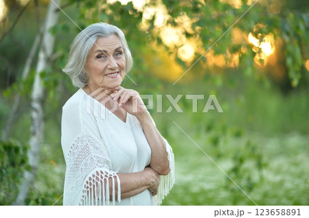 Portrait of a beautiful elderly woman in the park Portrait of a beautiful elderly woman in the park 123658891