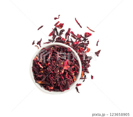 Dry Hibiscus Tea Isolated, Dry Rose Petals, Fruit Red Tea, Karkade Leaves, Dried Herbal Drink, Roselle Petal 123658905