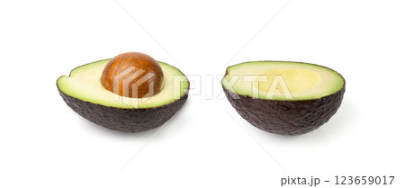 Hass Avocado Half Isolated, Whole Sharwil Set, Brown Avocados Cut, Fresh Alligator Pear, Persea Americana Hass Avocado Half Isolated, Whole Sharwil Set, Brown Avocados Cut, Fresh Alligator Pear, Persea Americana 123659017