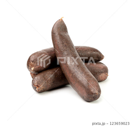 Black pudding isolated, blood sausage kaszanka, traditional Polish terrine, brawn sausages on white Black pudding isolated, blood sausage kaszanka, traditional Polish terrine, brawn sausages on white 123659023