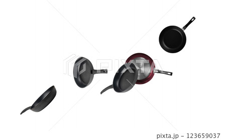 Flying Frying Pan Isolated, Falling New Empty Black Nonstick Cookware with Metal Handles Isolated Flying Frying Pan Isolated, Falling New Empty Black Nonstick Cookware with Metal Handles Isolated 123659037
