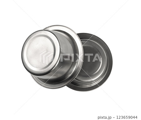 Metal pets bowl isolated, two food and water bowl set, dog food container, cat new empty dishes 123659044