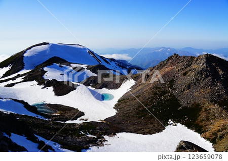 加賀白山 御前峰から見る大汝峰と剣ヶ峰 加賀白山 御前峰から見る大汝峰と剣ヶ峰 123659078