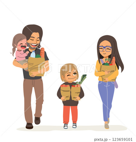 Cheerful Family Characters With Kids Holding Groceries Vector Illustration Cheerful Family Characters With Kids Holding Groceries Vector Illustration 123659101