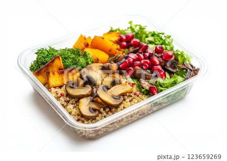 Quinoa salad with roasted mushrooms and pomegranate dressing in a clear container, isolated on a white background with ample copyspace, vibrant and healthy dish with a balanced mix of flavors. 123659269