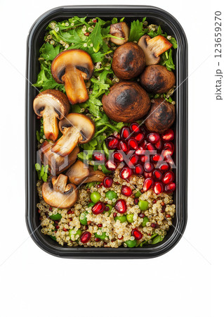 Quinoa salad with roasted mushrooms and pomegranate dressing in a clear container, isolated on a white background with ample copyspace, vibrant and healthy dish with a balanced mix of flavors. 123659270