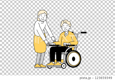 Vector illustration of an elderly man in a wheelchair and an elderly woman standing next to him Grandpa Grandma Simple 123659349