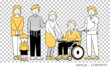 Vector illustration of a three-generation family and a female caregiver accompanying an elderly man in a wheelchair 123659353