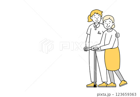 歩行の介助を受ける高齢女性のベクターイラスト 介護士 老人ホーム 123659363