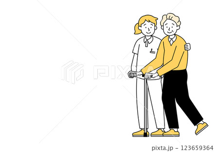 歩行の介助を受ける高齢男性のベクターイラスト 介護士 老人ホーム 123659364