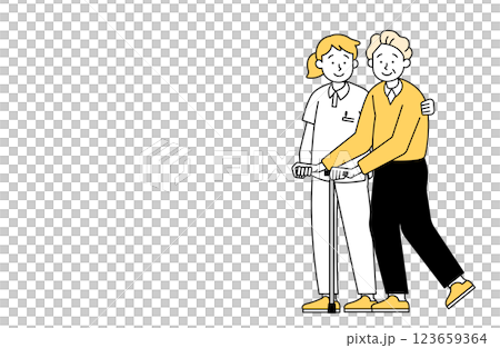 歩行の介助を受ける高齢男性のベクターイラスト 介護士 老人ホーム 123659364
