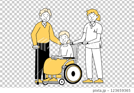 Vector illustration of an elderly man and caregiver accompanying an elderly woman in a wheelchair Vector illustration of an elderly man and caregiver accompanying an elderly woman in a wheelchair 123659365
