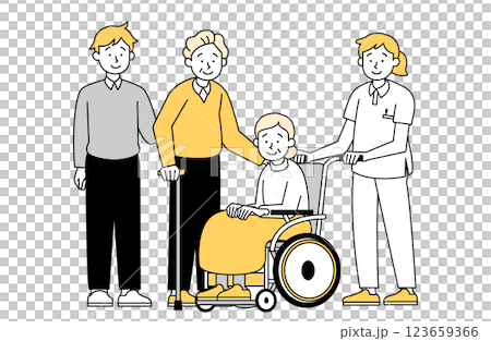 Family and female caregiver supporting elderly woman in wheelchair Simple Nursing home Two-generation family 123659366