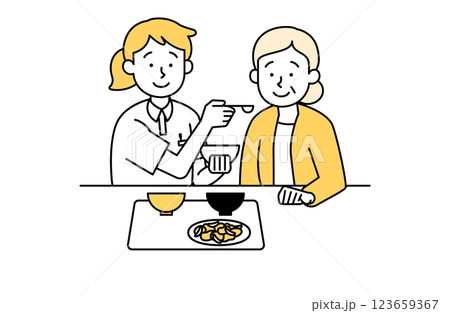 高齢女性の食事介助のベクターイラスト 介護士 老人ホーム 123659367