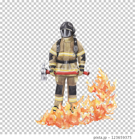 A fireman holding an axe, standing among dancing fire flames 123659375
