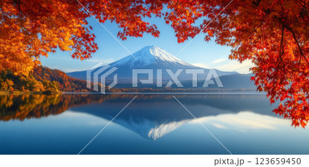 Majestic Mount Fuji reflected in serene lake, surrounded by vibrant autumn foliage. scene captures beauty of nature in tranquil setting Majestic Mount Fuji reflected in serene lake, surrounded by vibrant autumn foliage. scene captures beauty of nature in tranquil setting 123659450