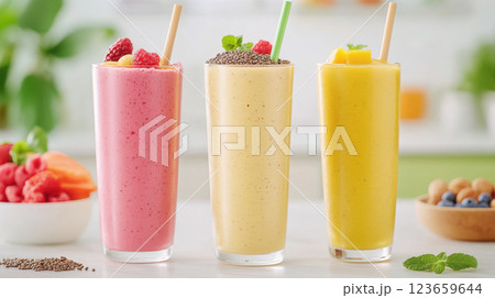 Refreshing fruit smoothies in tall glasses, featuring vibrant colors and garnished with fresh fruit and seeds, perfect for healthy snack or breakfast option 123659644