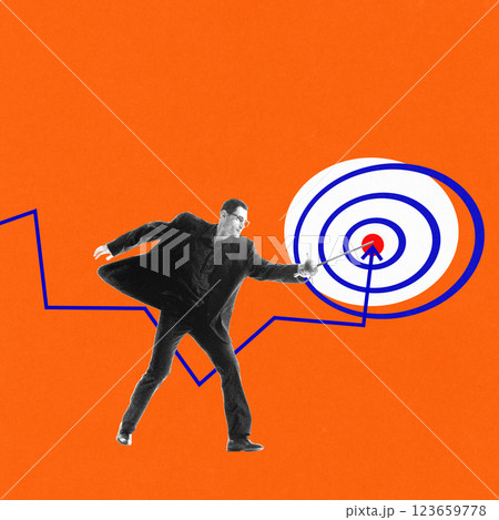 Modern artwork. Businessman precisely directing financial graph towards bullseye, symbolizing strategic planning, accuracy, and market success. Modern artwork. Businessman precisely directing financial graph towards bullseye, symbolizing strategic planning, accuracy, and market success. 123659778