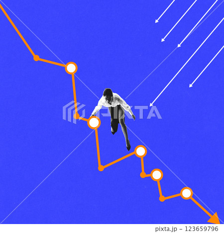 Creative art collage. Businesswoman climbing downward-trending financial graph, overcoming obstacles and striving for stability. Creative art collage. Businesswoman climbing downward-trending financial graph, overcoming obstacles and striving for stability. 123659796