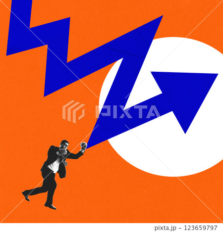 Modern artwork. Businessman in boxing gloves punching sharp upward trend, fighting for economic success and financial growth. Modern artwork. Businessman in boxing gloves punching sharp upward trend, fighting for economic success and financial growth. 123659797
