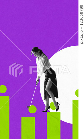Modern artwork. Businesswoman skillfully balancing golf ball on financial bar chart, symbolizing calculated risk-taking, precision, and corporate mastery. 123659799