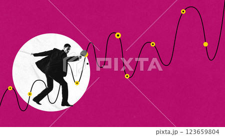 Modern artwork. Businessman playing table tennis with fluctuating trend line, symbolizing dynamic decision-making and competitive agility. Modern artwork. Businessman playing table tennis with fluctuating trend line, symbolizing dynamic decision-making and competitive agility. 123659804