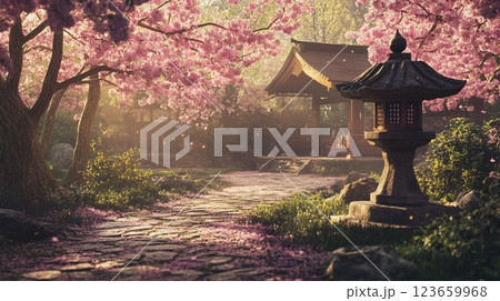 桜の花びらが舞う夜の寺 123659968