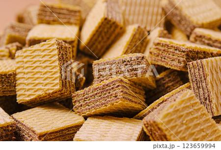 Delicious layered wafers stacked in a decadent pile 123659994
