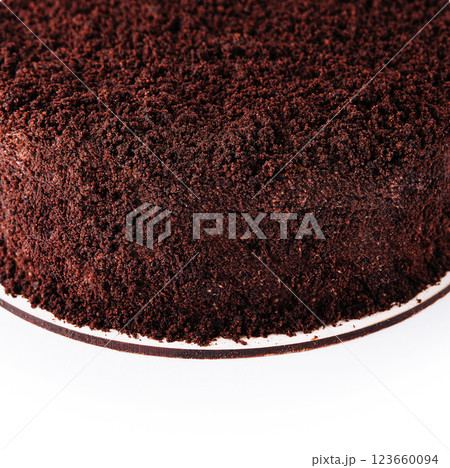 Close-up of a rich chocolate cake with a textured frosting on a white background Close-up of a rich chocolate cake with a textured frosting on a white background 123660094