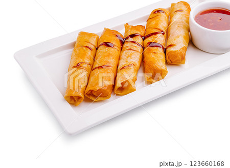 Crispy spring rolls served with sweet dipping sauce on a plate 123660168