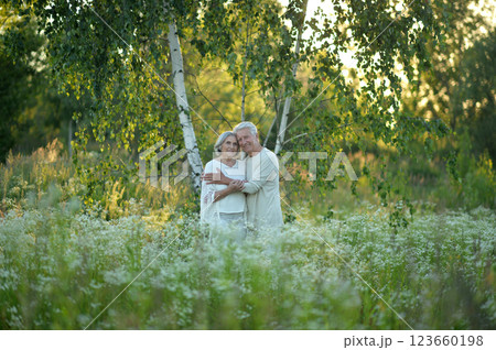 Loving mature couple in the park in summer 123660198