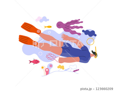 Life Unframed: Diver -modern flat vector concept illustration of a man swimming under the sea. Metaphor of unpredictability, imagination, whimsy, cycle of existence, play, growth and discovery 123660209